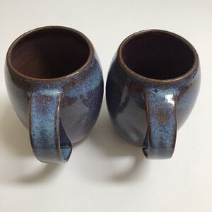 Studio Art Pottery BIG Coffee Mug PAIR Tea SIGNED Blue Brown Speckle Glaze USA